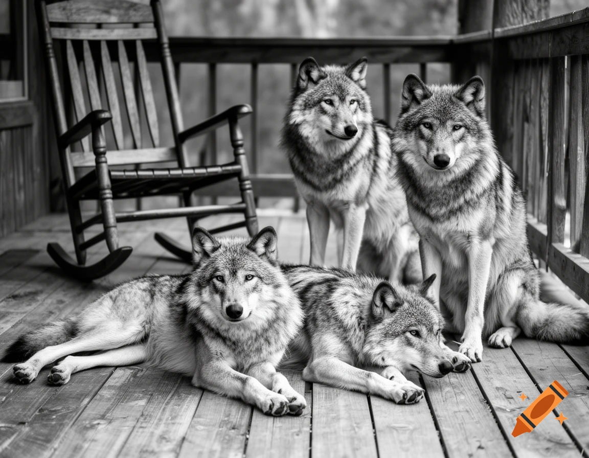Four photorealistic wolves, two lying and two sitting, on a wooden porch next to a rocking chair, in black and white.