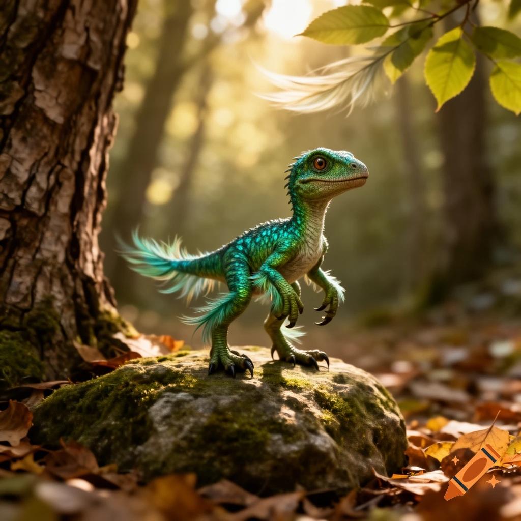 A vibrant green and blue baby dinosaur with feathered details stands on a mossy rock in a sunlit forest, next to a tree trunk.