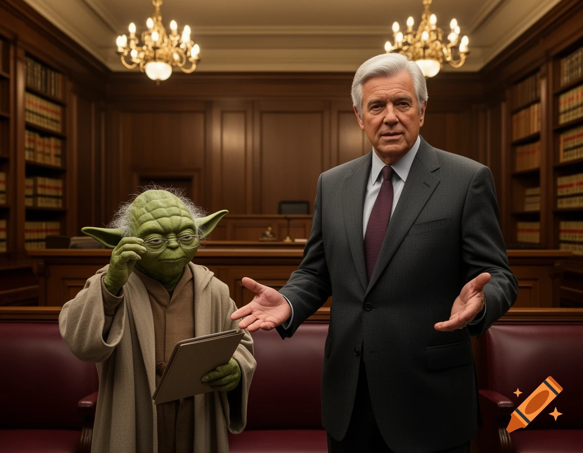 Photorealistic image of Yoda and a man in a suit standing in a courtroom. Yoda holds a pad and glasses, while the man gestures.