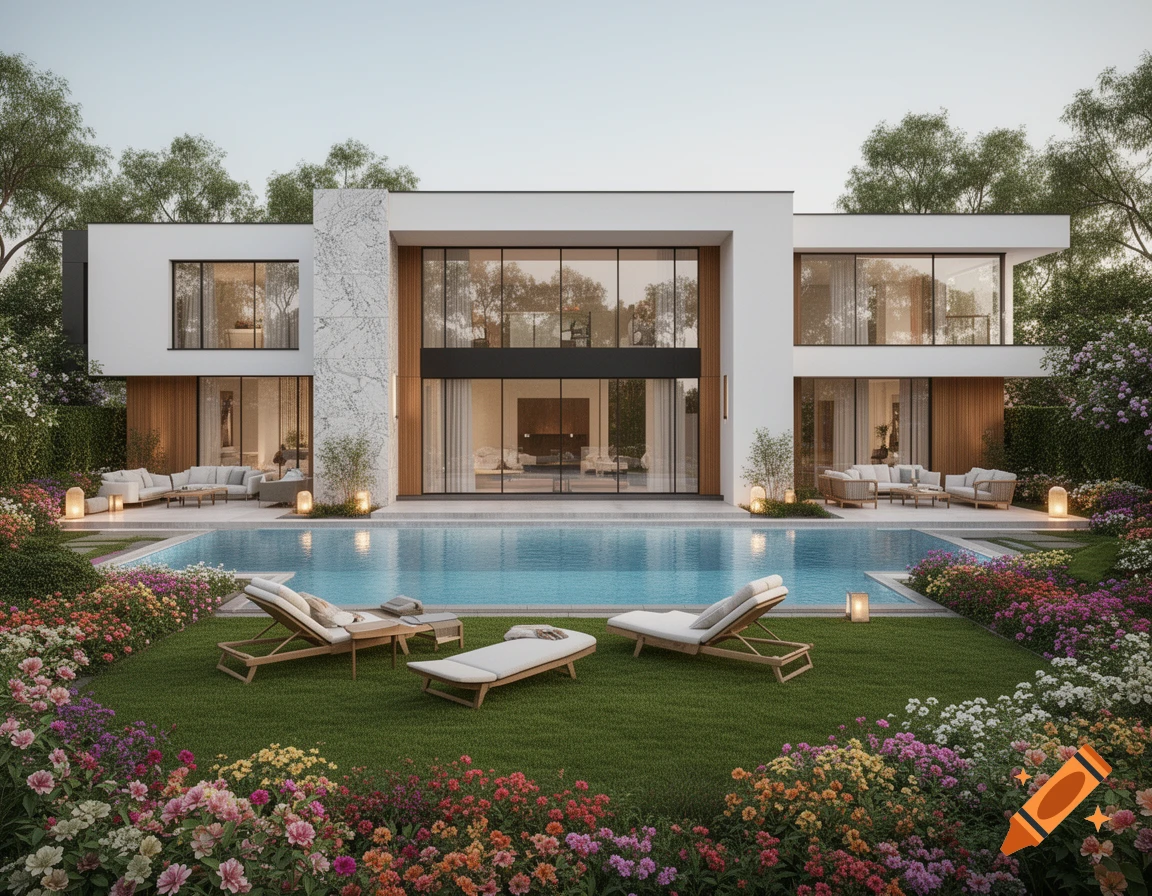 A luxurious modern white house with a large swimming pool, green lawn, and vibrant flower gardens under a clear sky.