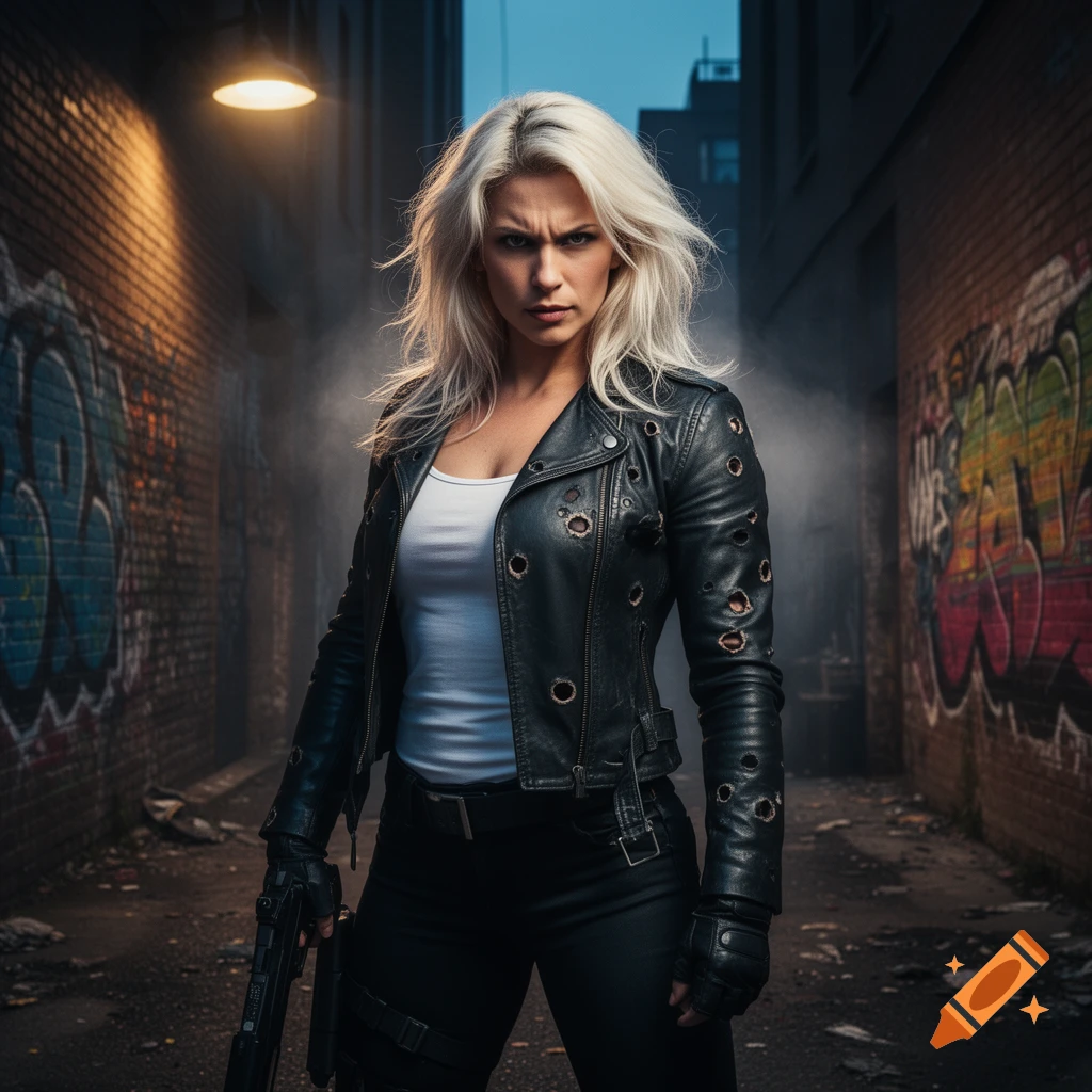 A blonde woman in a bullet-holed leather jacket and dark clothes stands in a smoky, graffiti-covered alley, holding a gun with a determined expression.