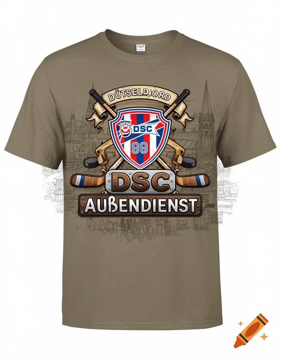 A khaki T-shirt with a complex graphic design featuring a shield logo with 'DSC 99', crossed hockey sticks, a puck, and banners with 'DÜTSELDJORD' and 'DSC AUßENDIENST' over a city skyline sketch.