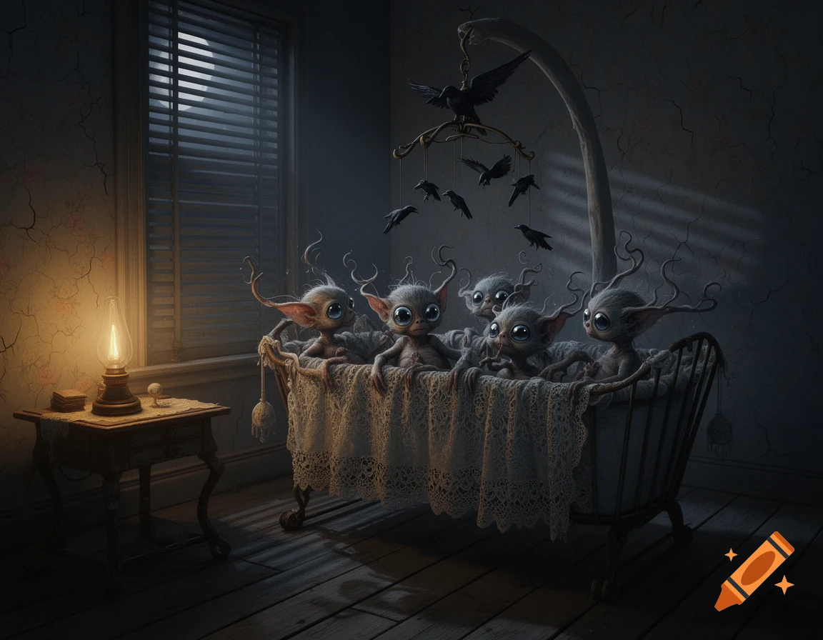 Five gray, big-eyed, goblin-like baby creatures with curly horns in a crib under a mobile of black birds, lit by a lantern in a dark room.