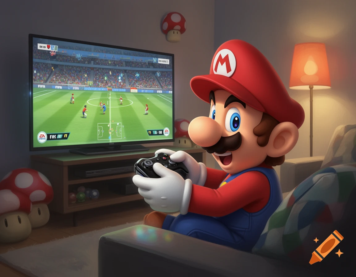 Mario sitting on a couch, playing a FIFA soccer video game on a TV in a dimly lit room with mushroom decor.