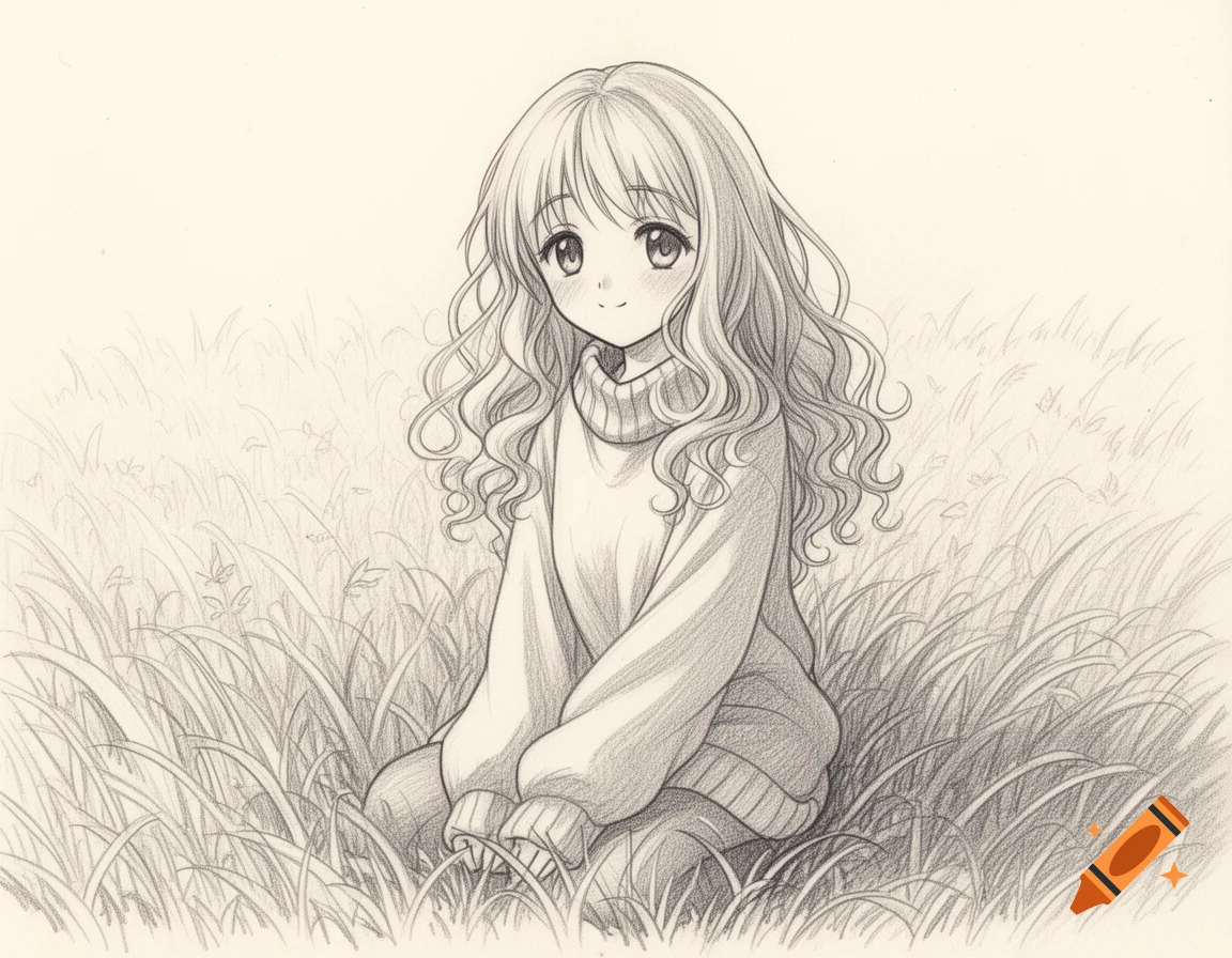 Sketch of a cute anime girl with wavy hair, wearing a sweater, sitting in a field of grass.