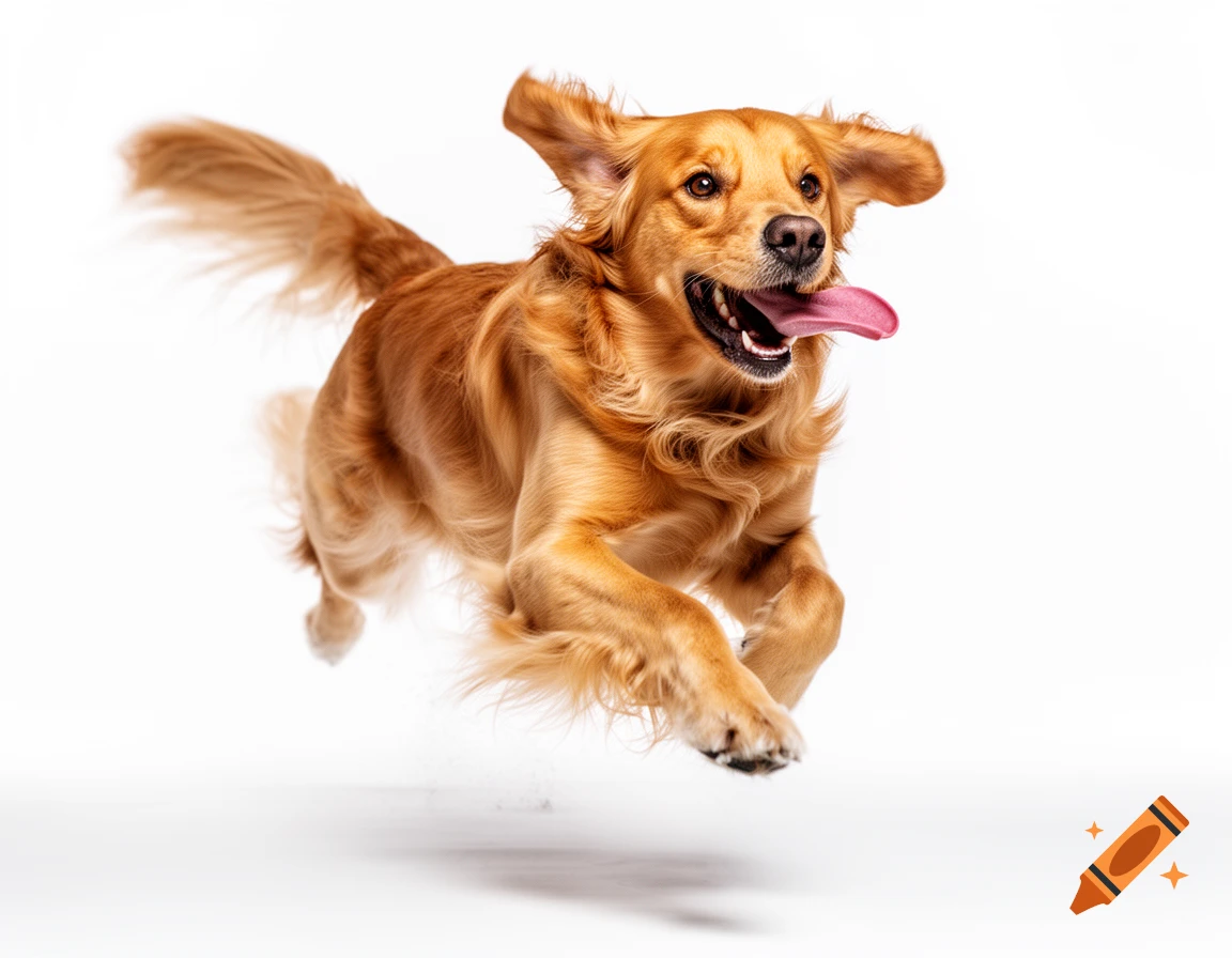 Photorealistic image of a golden retriever dog leaping in mid-air with its tongue out on a white studio background.