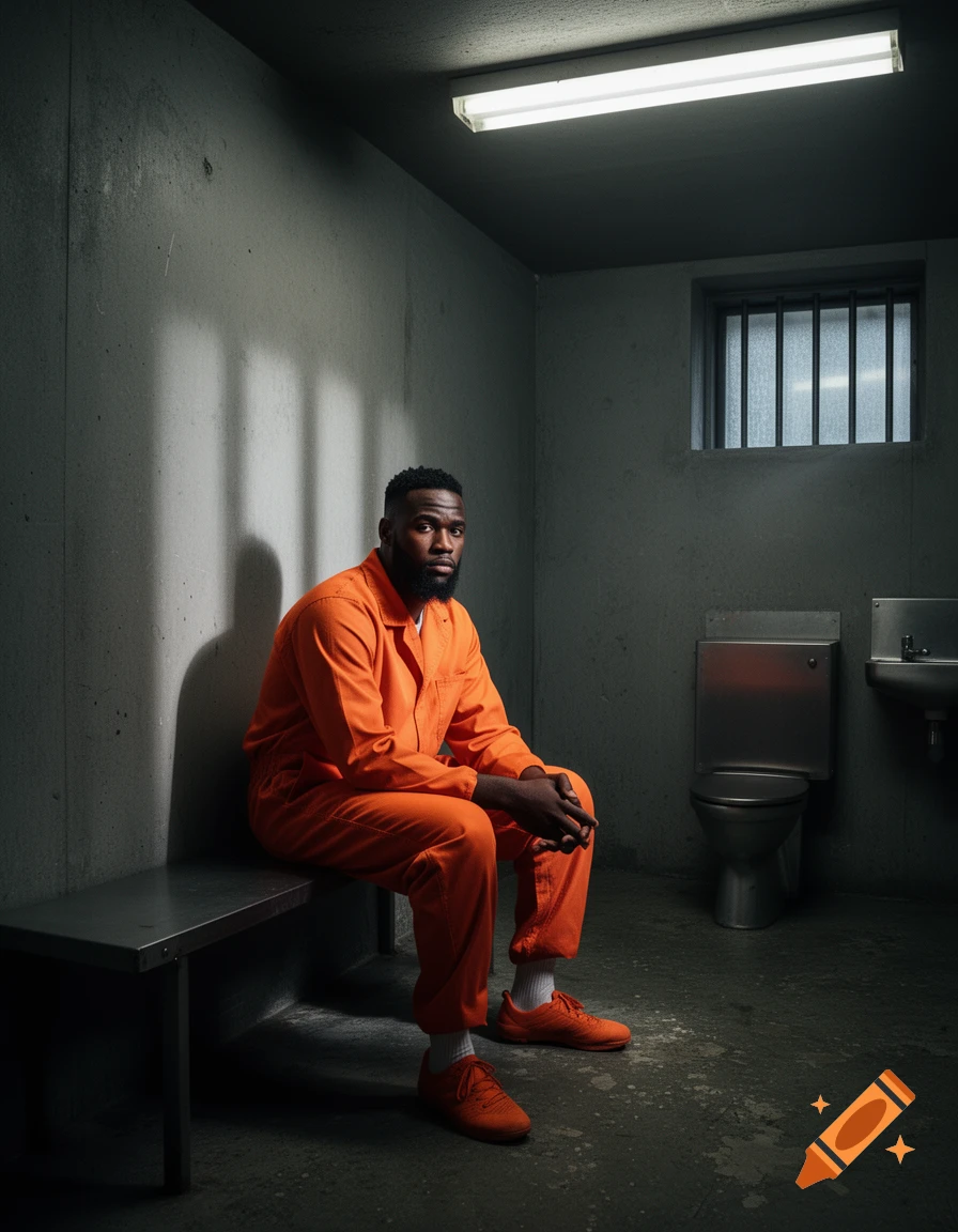 A man in an orange jumpsuit sits on a bench in a prison cell, looking forward.