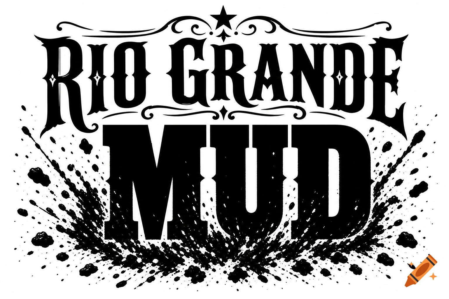 Black and white logo for 'RIO GRANDE MUD' with western-style text, elegant flourishes, a star, and dynamic mud splatters.