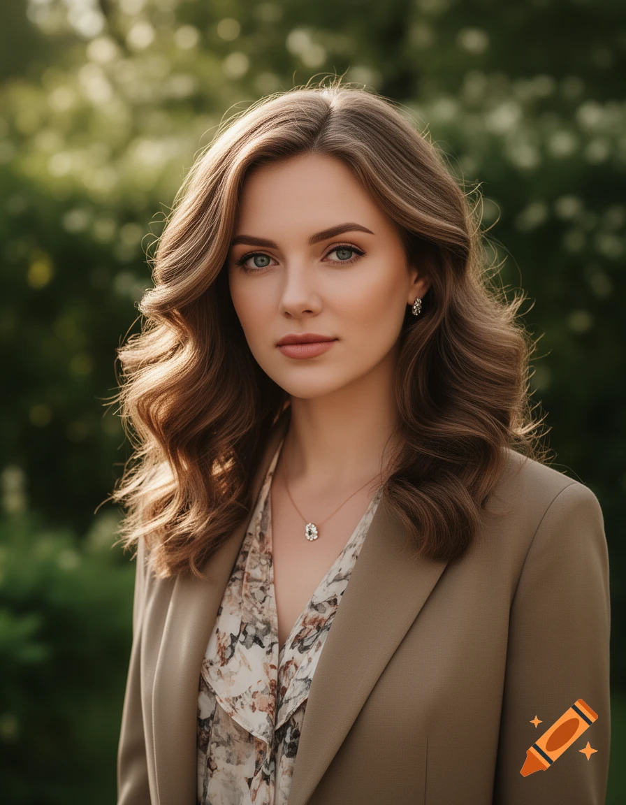 A photorealistic portrait of a young woman with wavy brown hair, wearing a beige blazer and floral blouse, against a blurred green background.