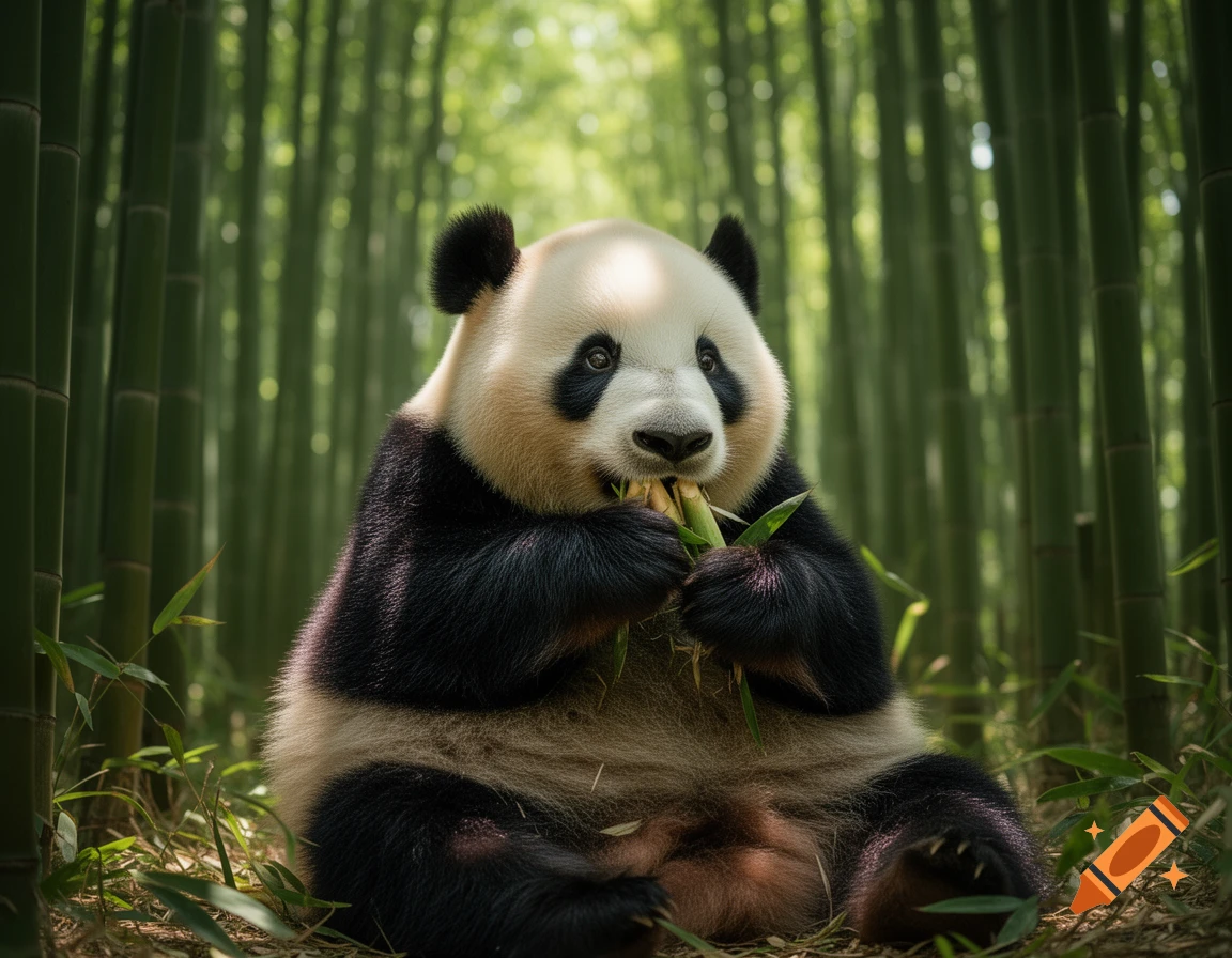 A giant panda with black and white fur sits on the ground in a vibrant bamboo forest, eating bamboo shoots.
