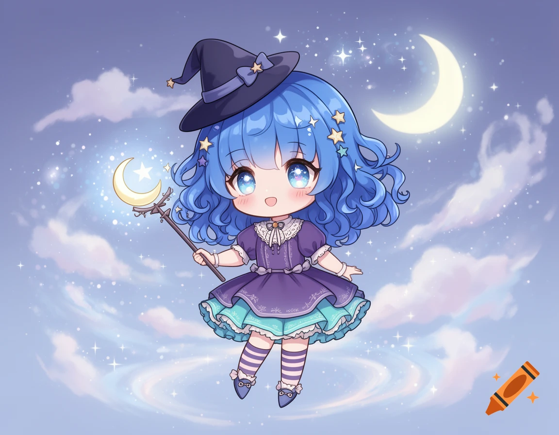 A cute blue-haired chibi witch wearing a purple dress and a hat, holding a crescent moon staff, floating in a starry sky.