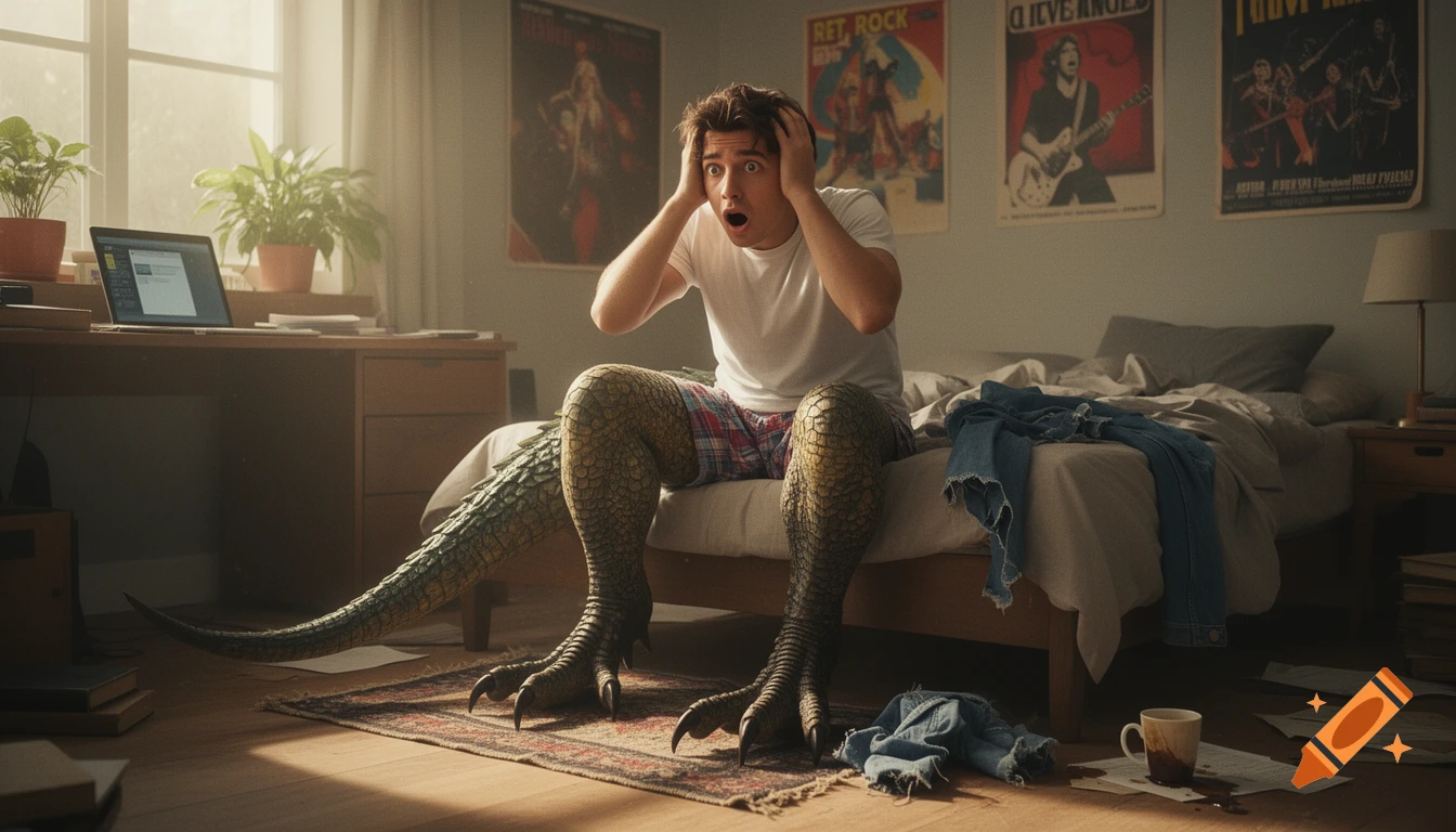 Photorealistic image of a young man, shocked by his reptilian legs and tail, sitting on an unmade bed in a sunlit bedroom.