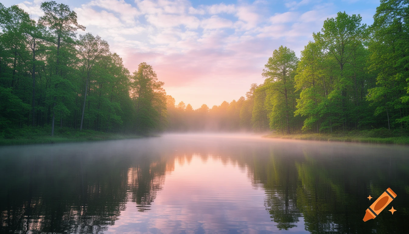 Misty lake surrounded by green forest trees at sunrise, with soft pink and blue sky reflected on the water.