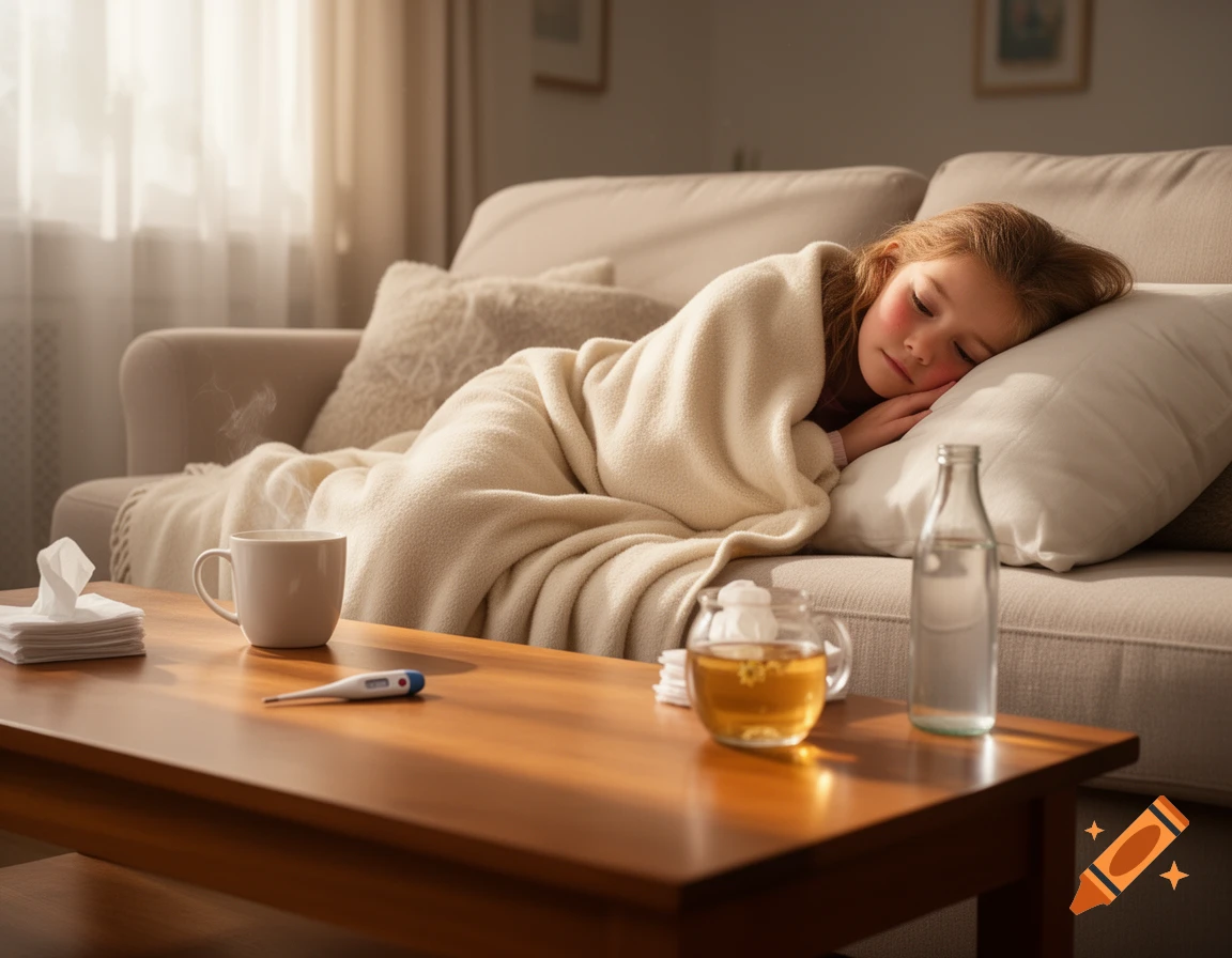 A young girl sleeps on a sofa, covered in a blanket, with flushed cheeks. Tissues, a mug, thermometer, and drinks are on a coffee table.