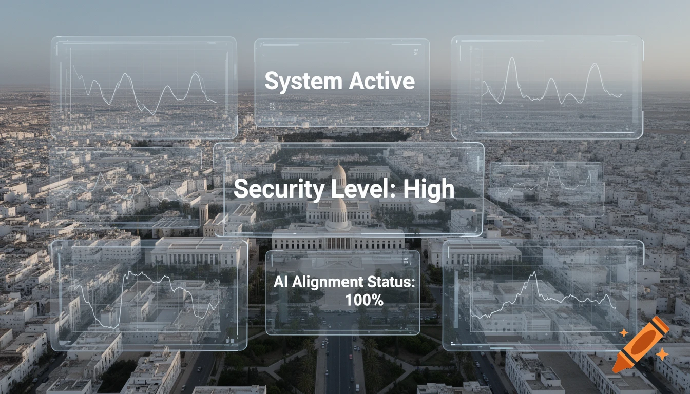 Aerial view of a city with a large government building under transparent digital UI displaying 'System Active', 'Security Level: High', 'AI Alignment Status: 100%', and graphs.
