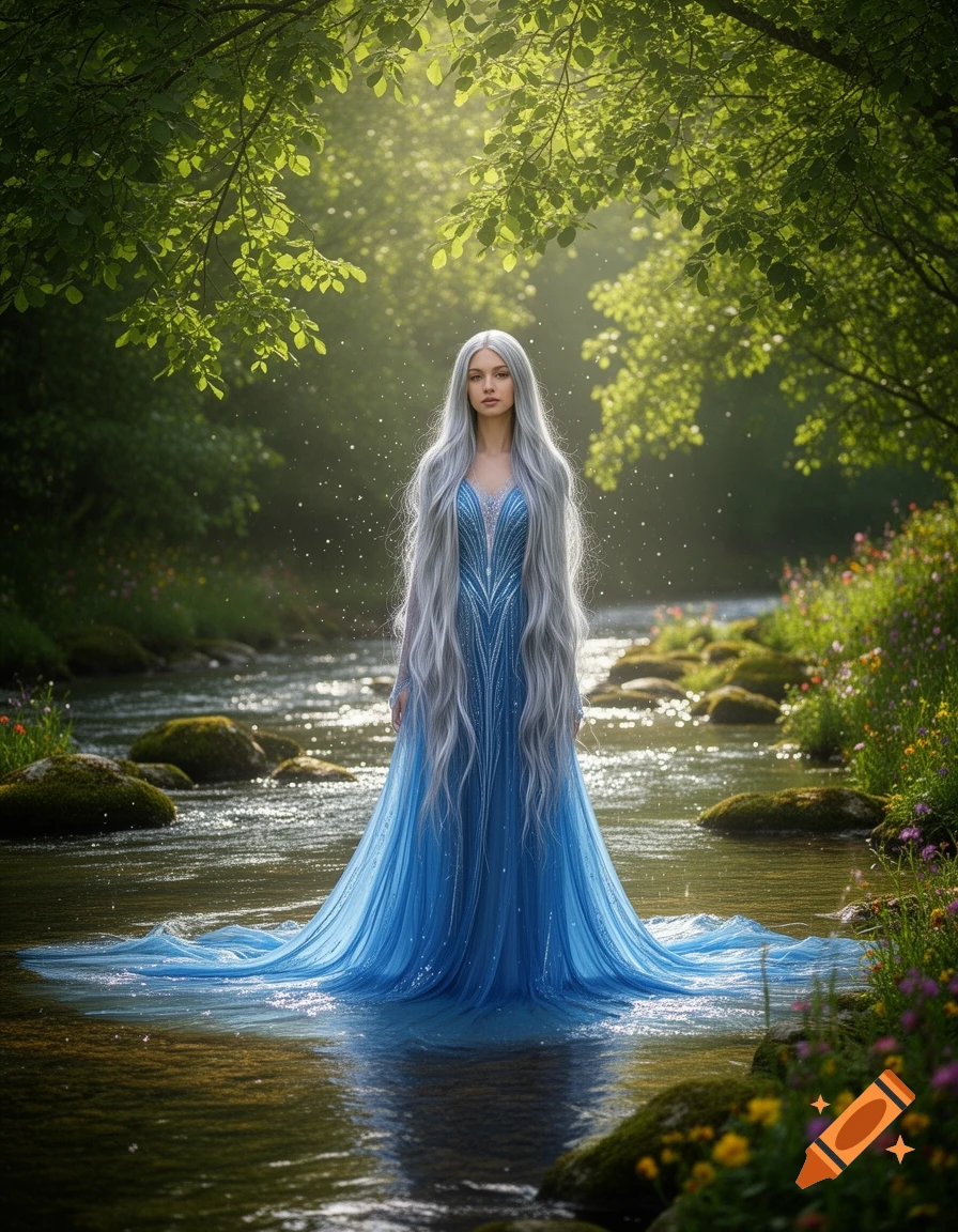 A woman with long silver hair and a flowing blue dress stands in a shallow river in a lush, sun-dappled forest.