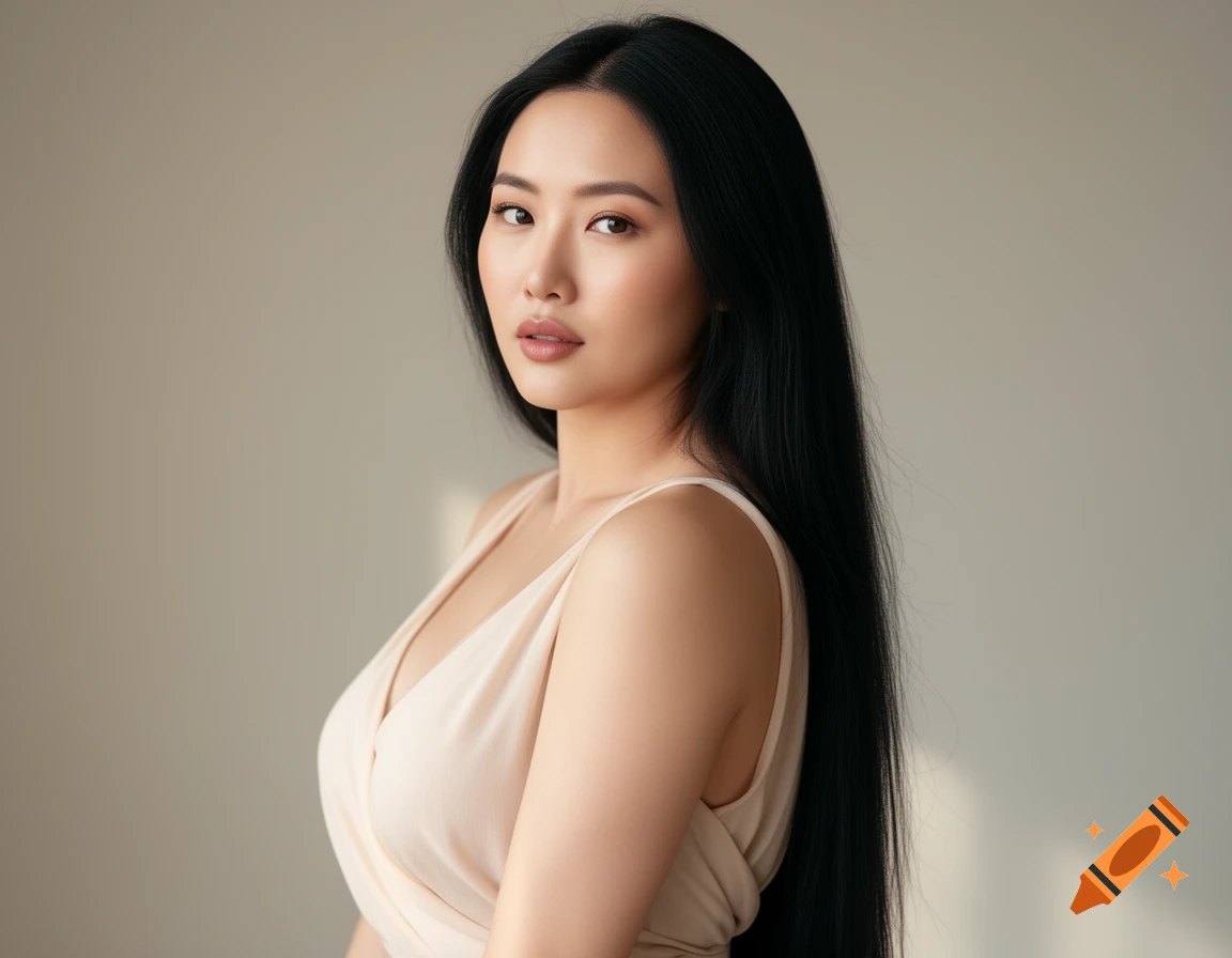 Photorealistic portrait of an Asian woman with long black hair, wearing a beige top, looking at the camera.