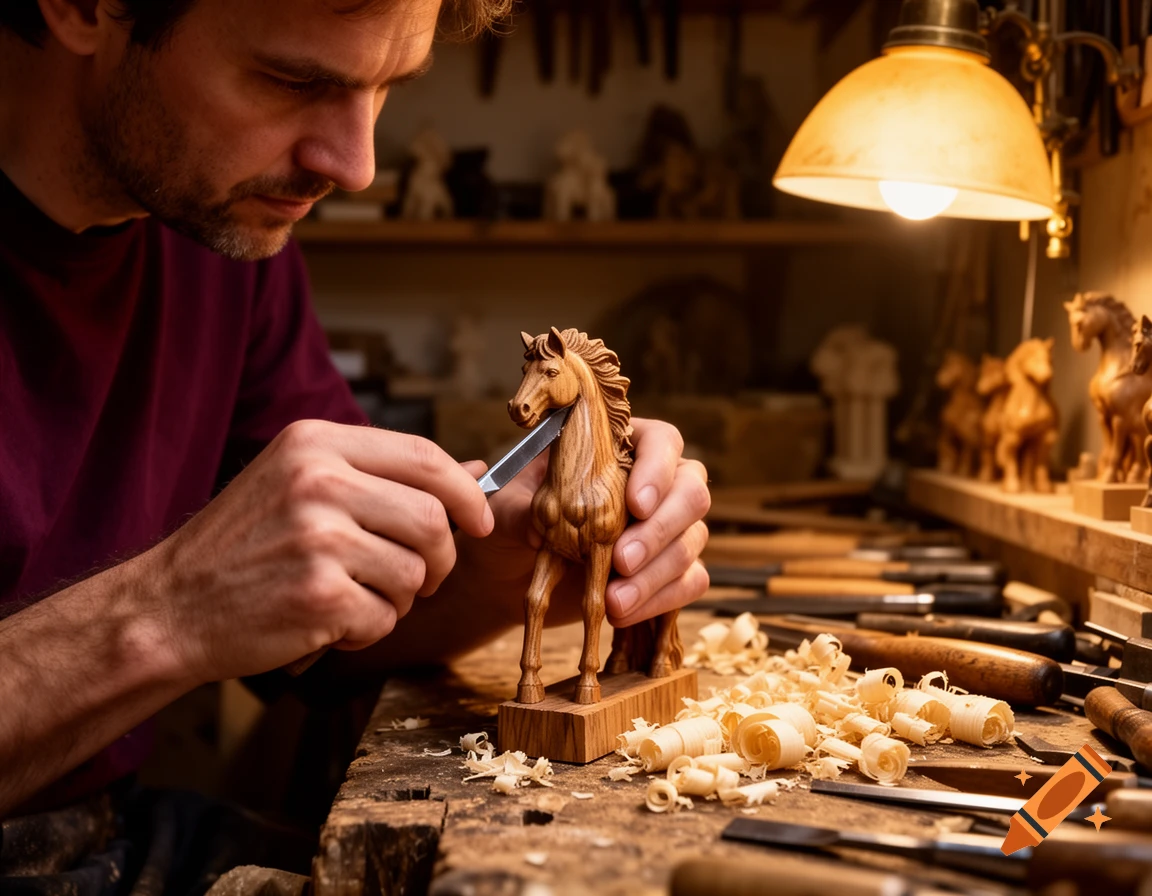A man meticulously carves a wooden horse figurine with a chisel, surrounded by wood shavings and tools on a workbench under a warm lamp.