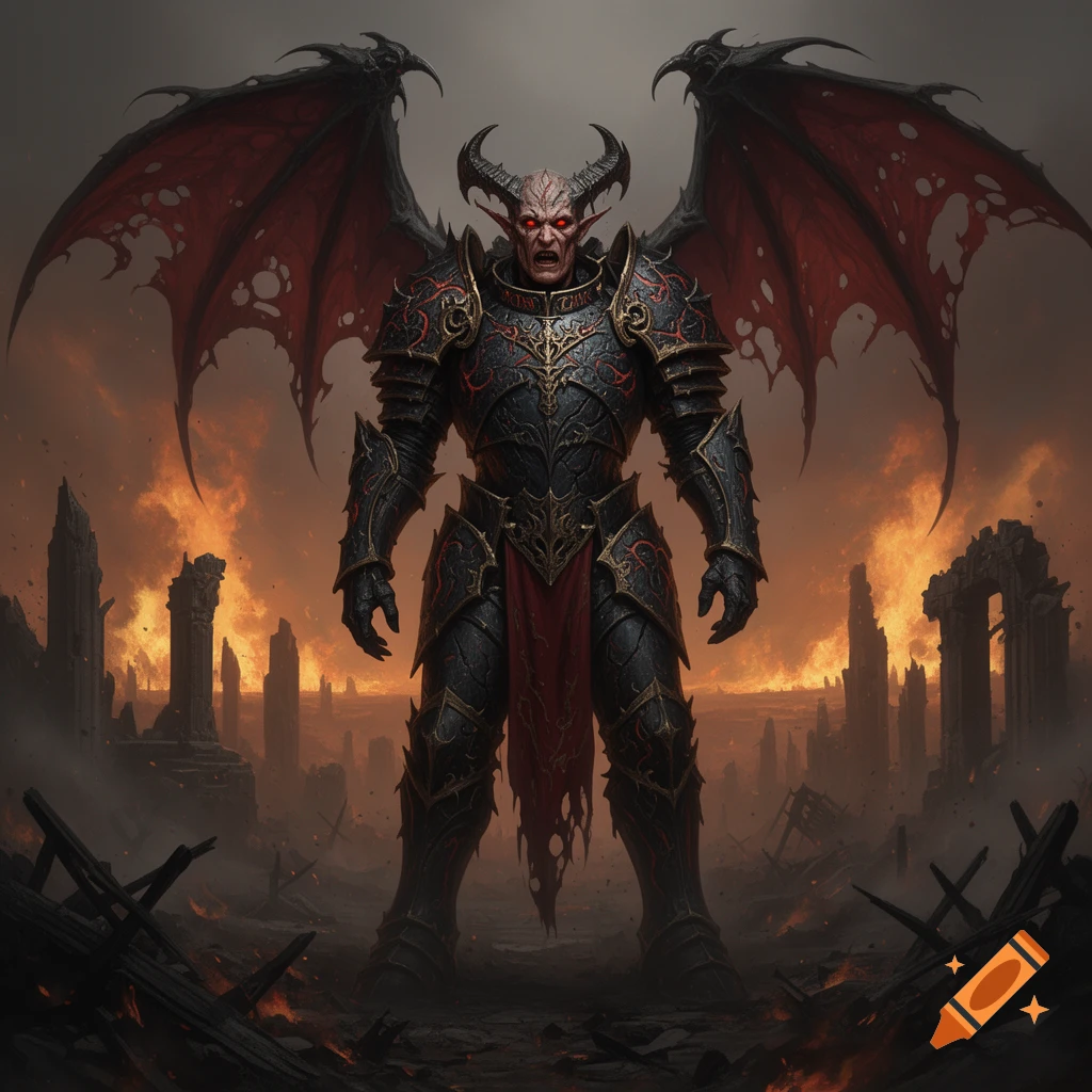 A formidable horned demon in black and red elaborate armor with bat-like wings stands amidst fiery ruins under a dark sky.