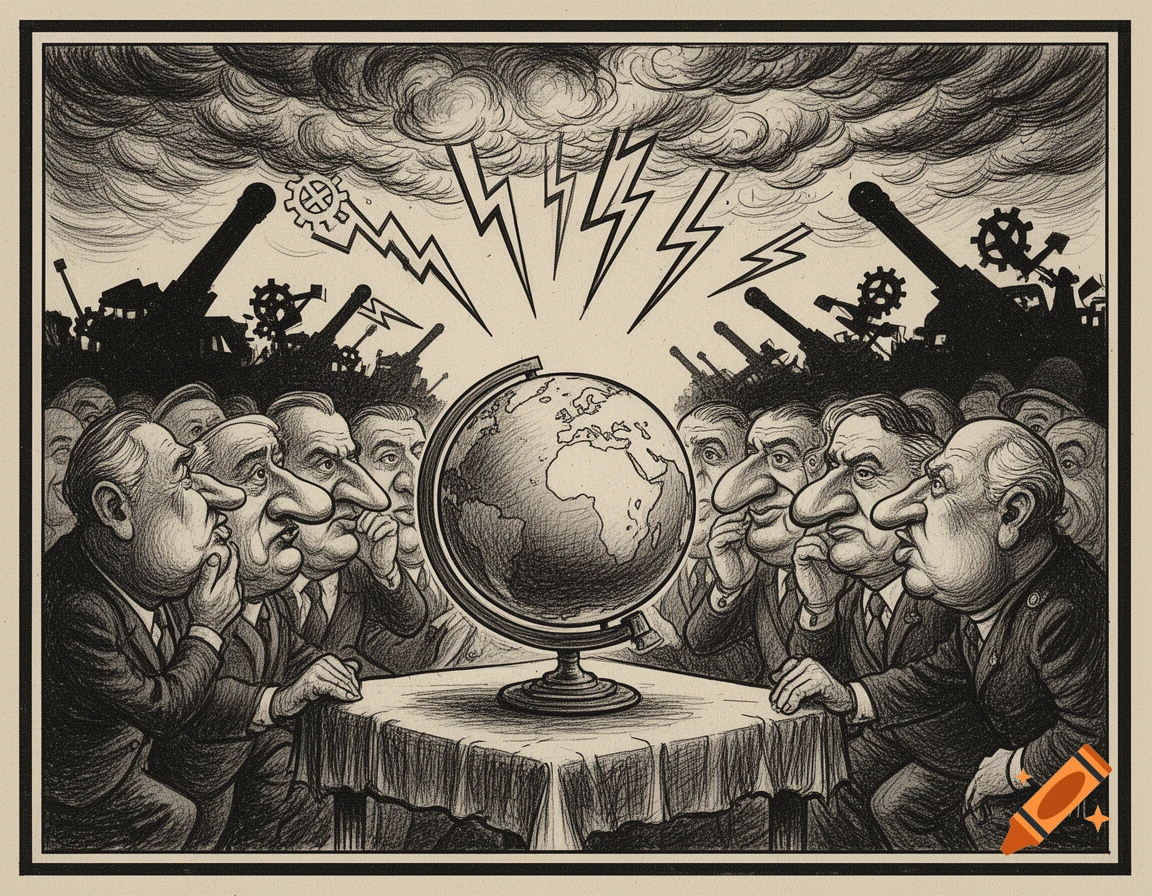 Black and white caricature of political leaders surrounding a globe with cannons and stormy clouds in the background, symbolizing international power struggles and war.