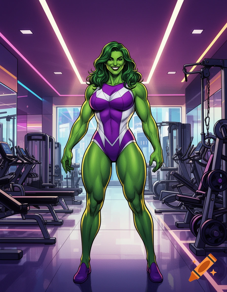 A confident, muscular She-Hulk in a purple and white superhero outfit stands in a modern gym, in a vibrant comic book art style.