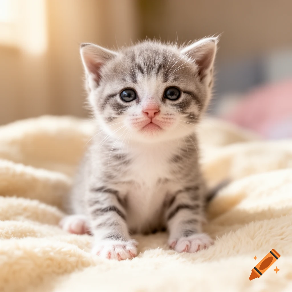 A small, fluffy, grey and white tabby kitten with big blue eyes sits on a soft cream-colored blanket.