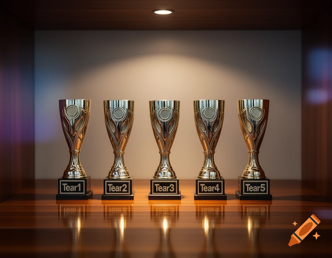 Five golden trophies with bases labeled 'Tear1' through 'Tear5' illuminated in a dark wooden display case.