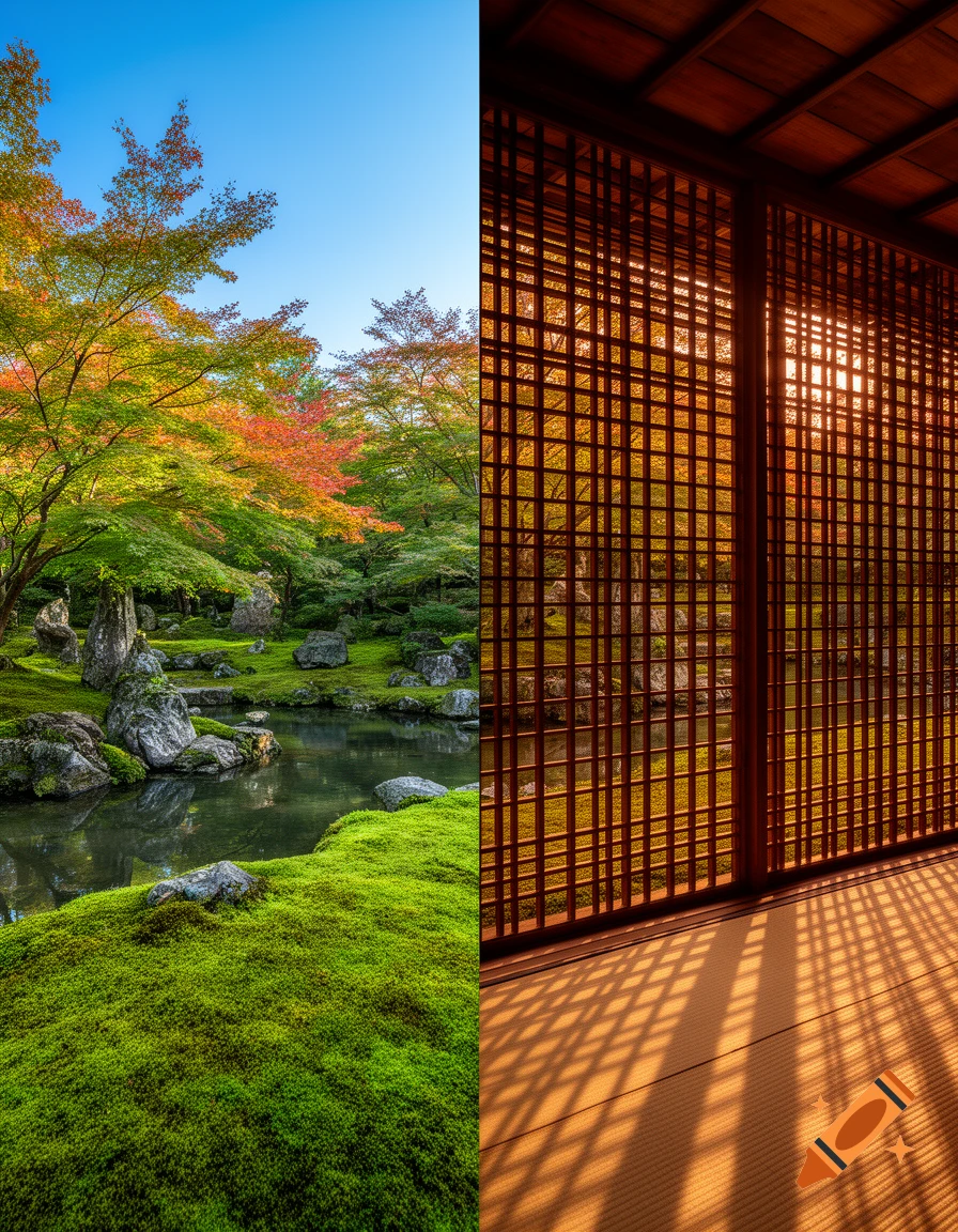 Split image showing a vibrant Japanese garden with a pond and autumn trees on the left and a warm interior with lattice screen shadows on the right.