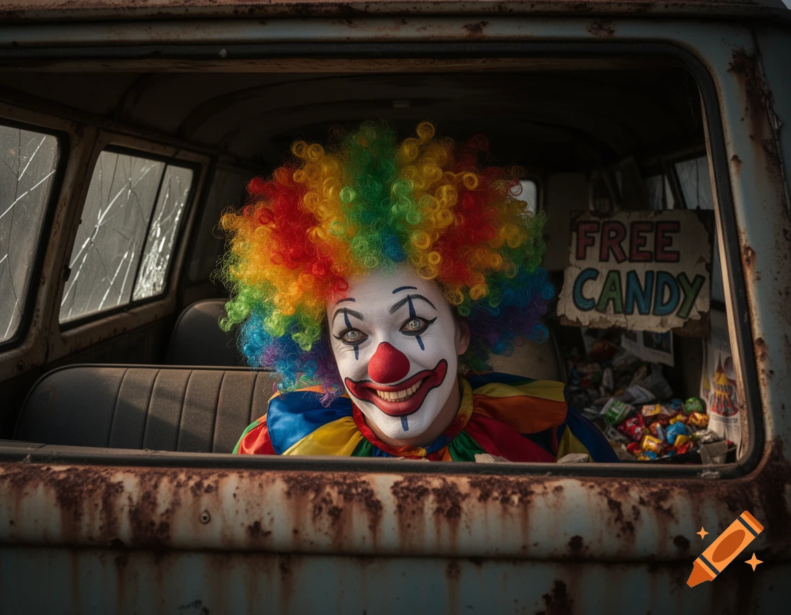 Photorealistic image of a smiling clown with a rainbow wig looking out from a rusty van window, with a 'FREE CANDY' sign visible inside.