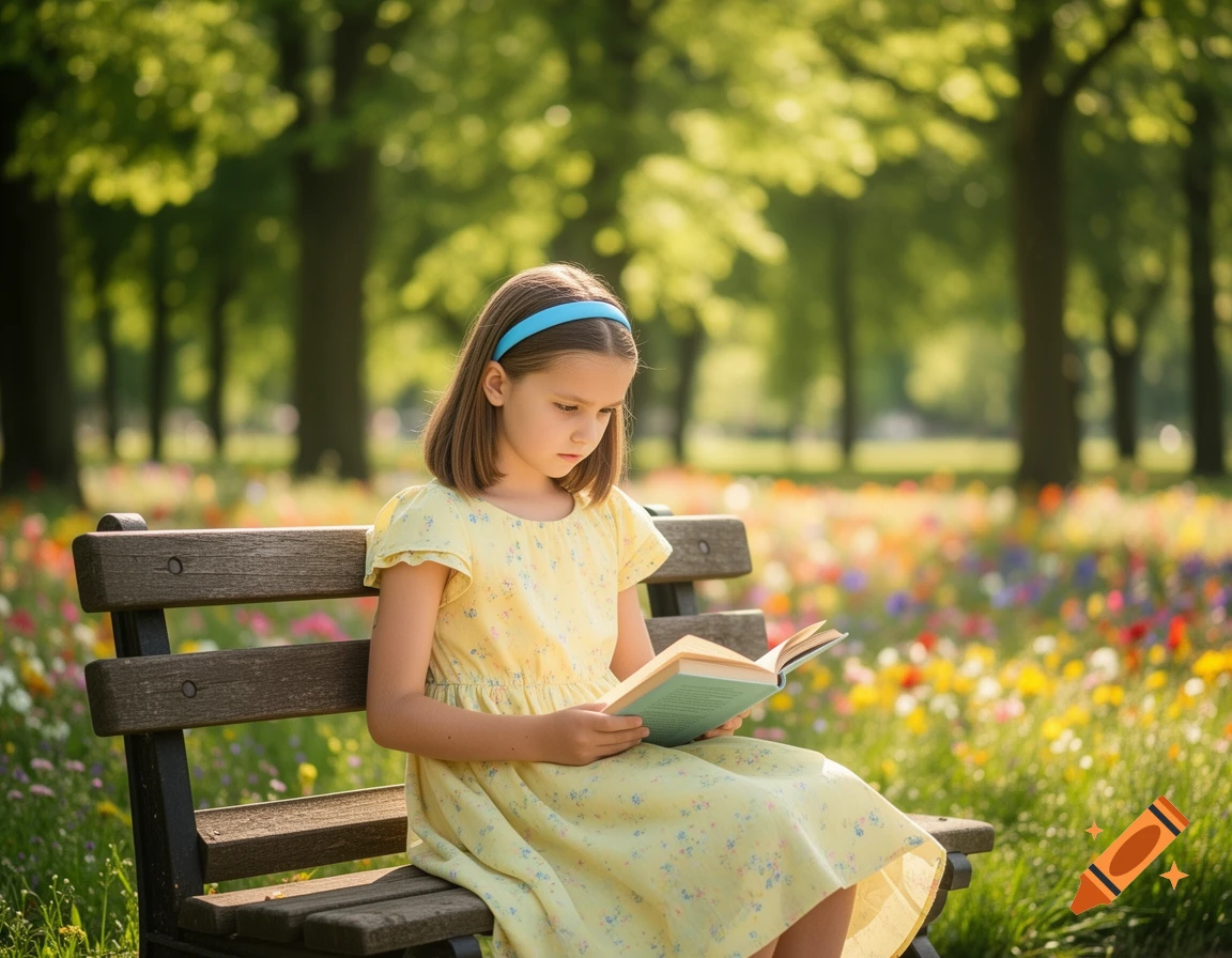A young girl with a blue headband and yellow dress reads a book on a park bench amidst colorful flowers and green trees.