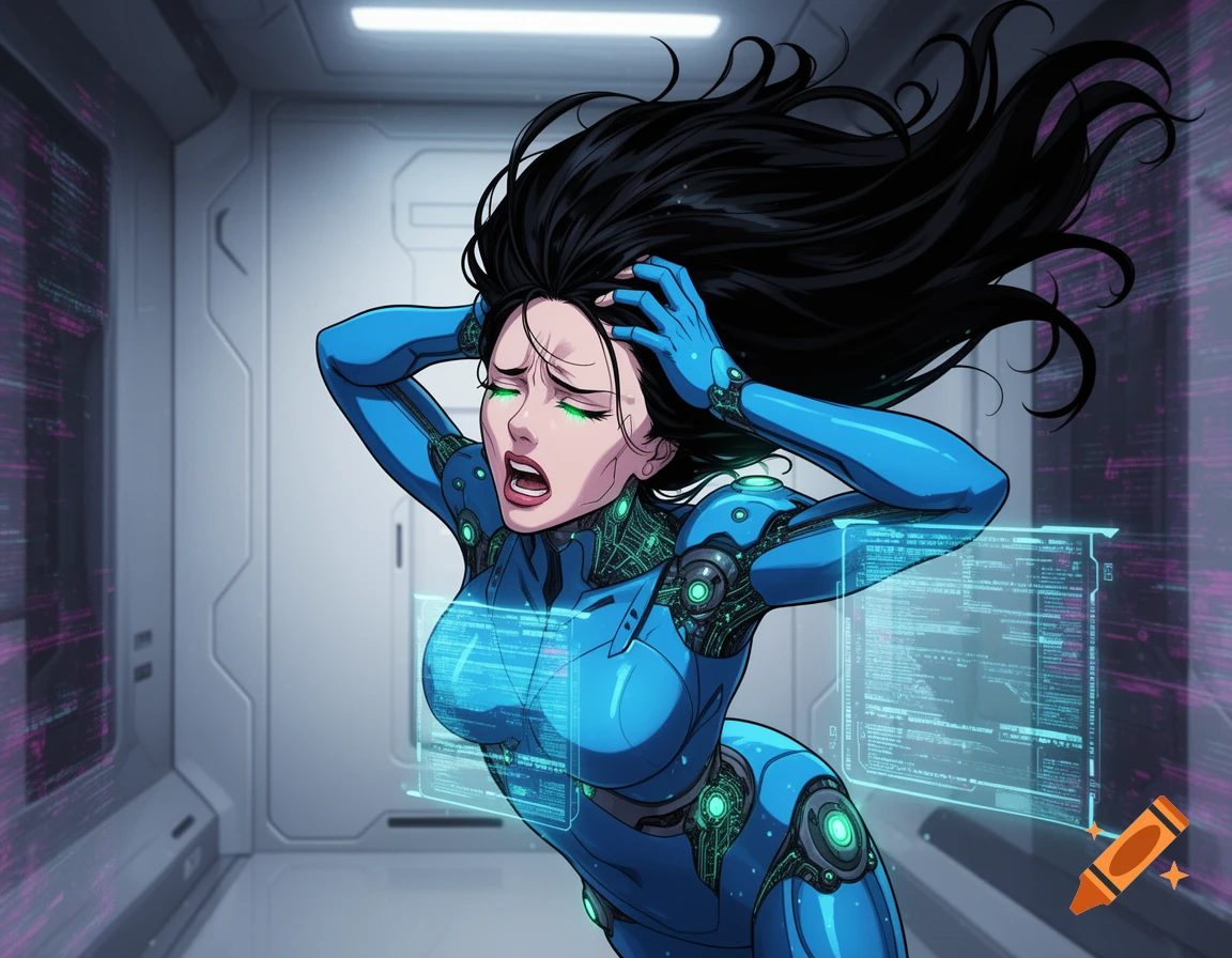 Cell-shaded sci-fi woman in a blue suit, holding her head in pain in a futuristic corridor with holographic data.