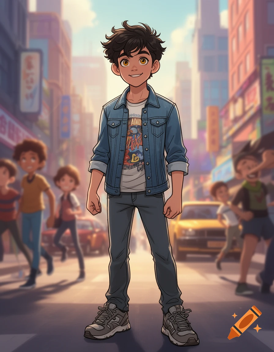 A smiling animated teenage boy with curly dark hair and a denim jacket stands in a bustling city street.
