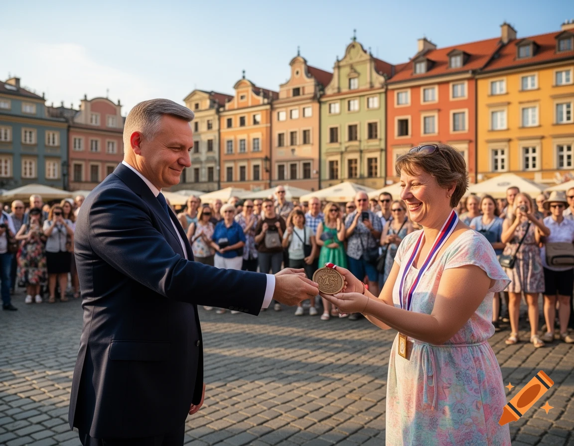 A man in a suit presents a medal to a smiling woman in a public square with colorful buildings and a crowd.