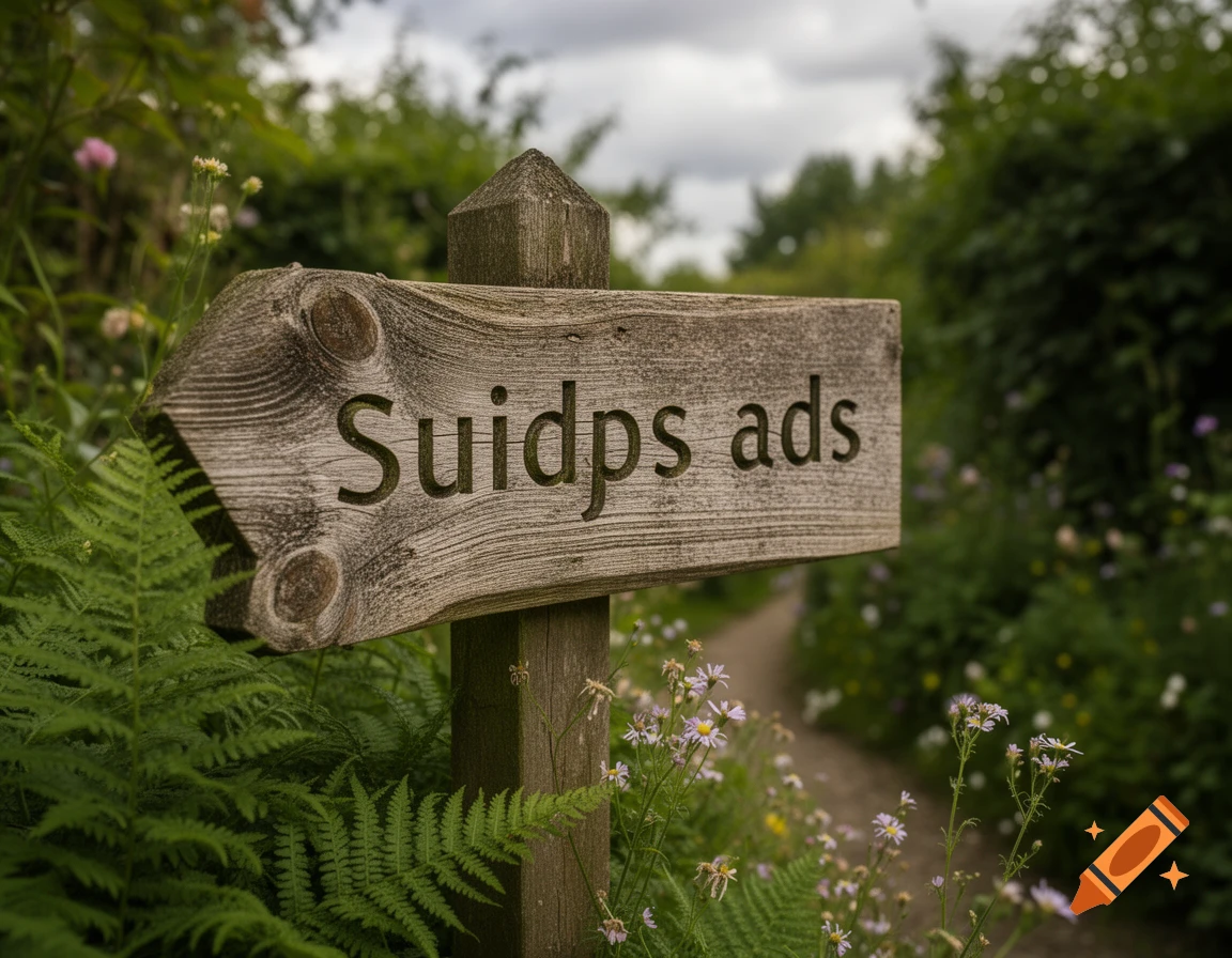 A wooden signpost pointing left with 'Suidps ads' carved into it, set amidst green ferns and wildflowers on a path in a lush forest.