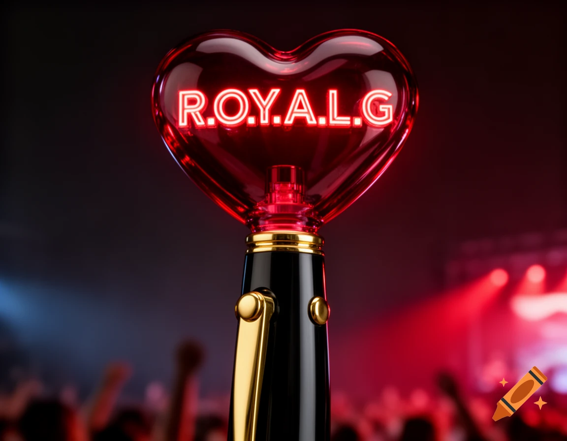 A close-up of a glowing red heart with "R.O.Y.A.L.G." on a black and gold pen-like handle, against a blurred concert background.