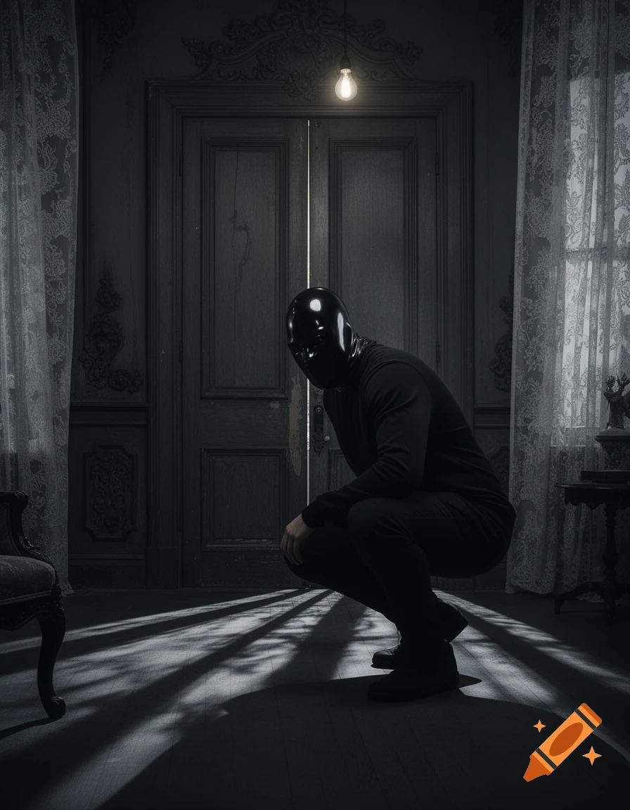 A person in a black latex mask and dark clothes crouches in a dimly lit, ornate room with long shadows, lit by a single bulb.