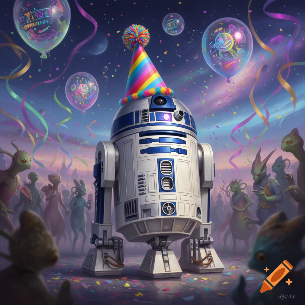 R2-D2 wears a colorful striped birthday hat at an alien party, with confetti, streamers, and vibrant balloons against a starry, cosmic sky.