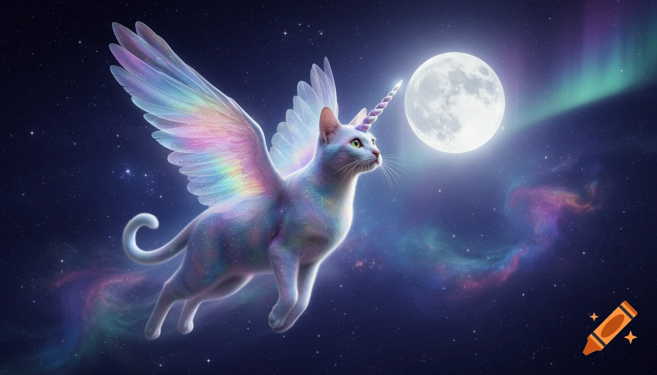 A glittery unicorn cat with iridescent rainbow wings flies through a dark, starry space, gazing at a bright full moon under an aurora.