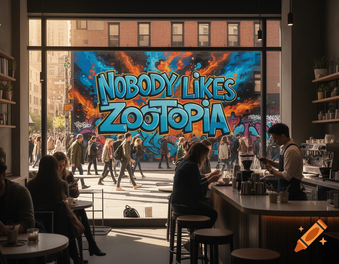 Interior view of a modern coffee shop looking out onto a city street with a large graffiti mural saying 'Nobody likes Zootopia'.