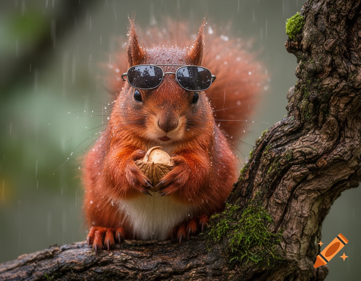 A red squirrel wearing sunglasses sits on an oak tree branch in the rain, holding a nut.