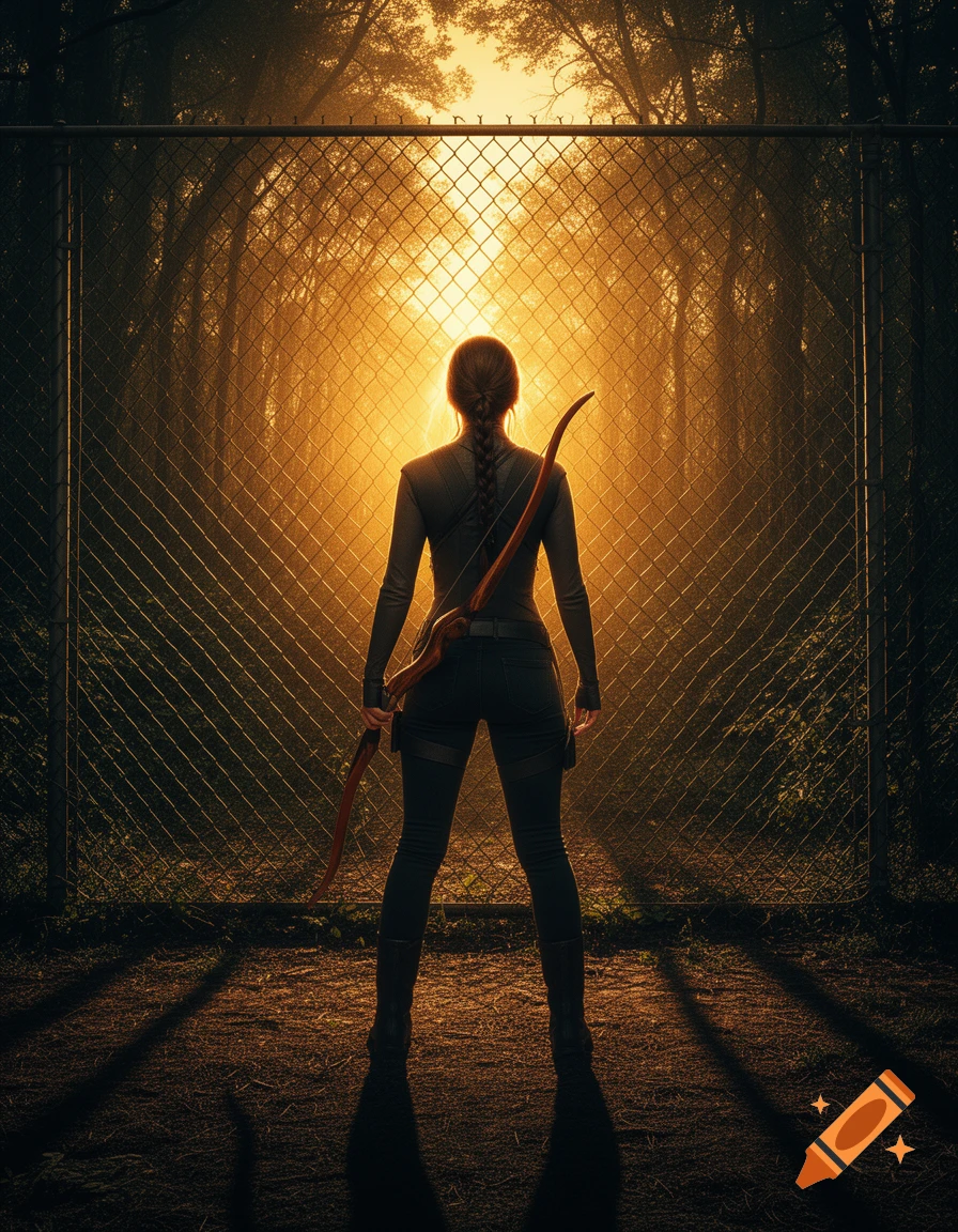 Rear view of a female archer holding a bow, standing before a chain-link fence with a dense, sunlit forest behind.