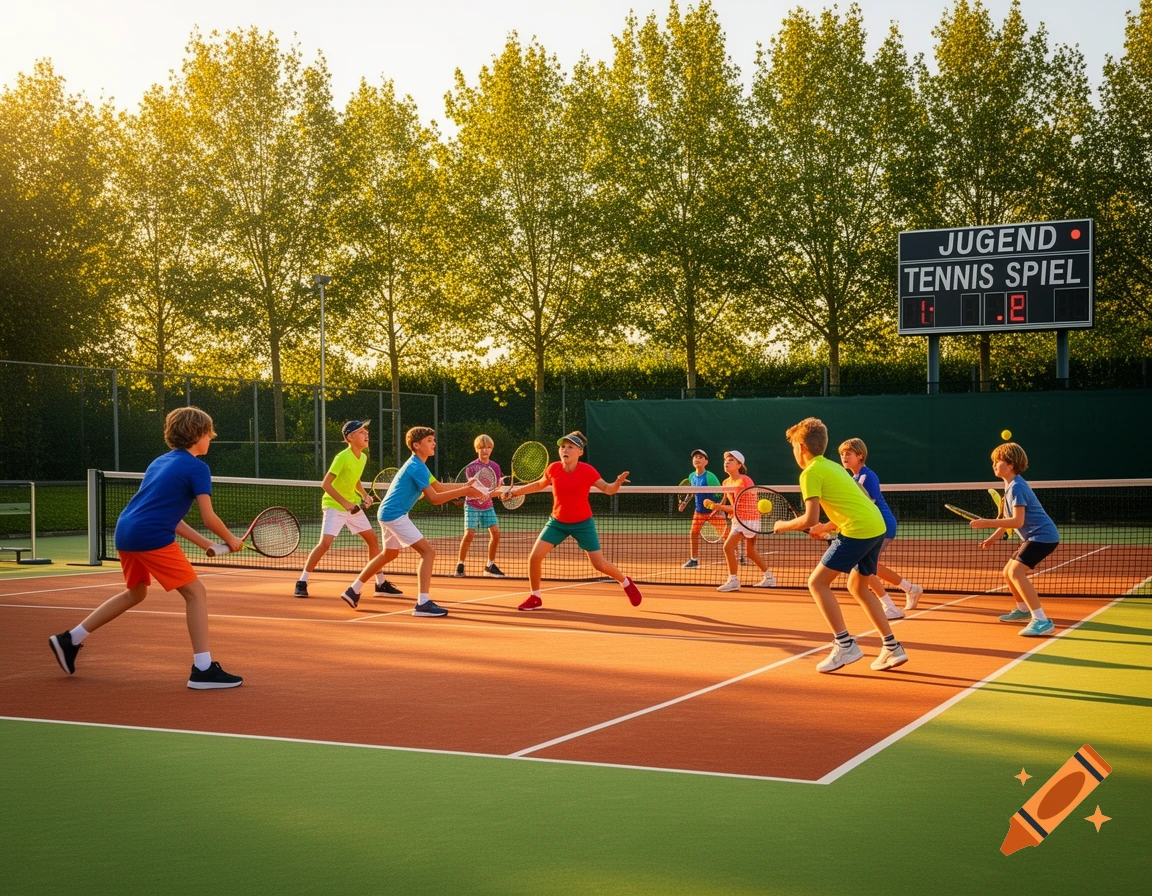 Kids playing tennis on an outdoor court at sunset with a scoreboard in the background.