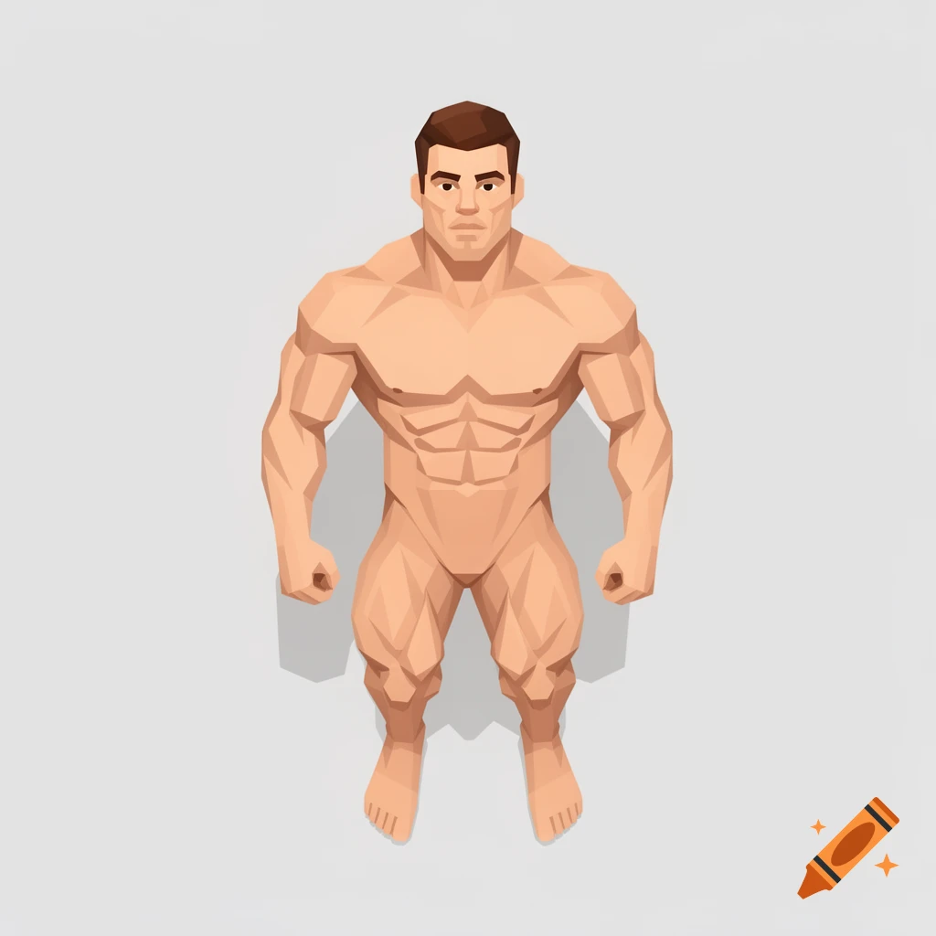 A top-down view of a muscular, low-polygon male character with light skin, standing, in a vector art style.