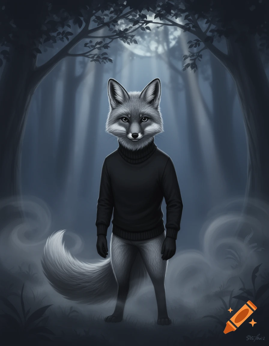 A stylized digital painting of an anthropomorphic grey fox wearing a black turtleneck sweater, standing in a misty, dark forest under a full moon.