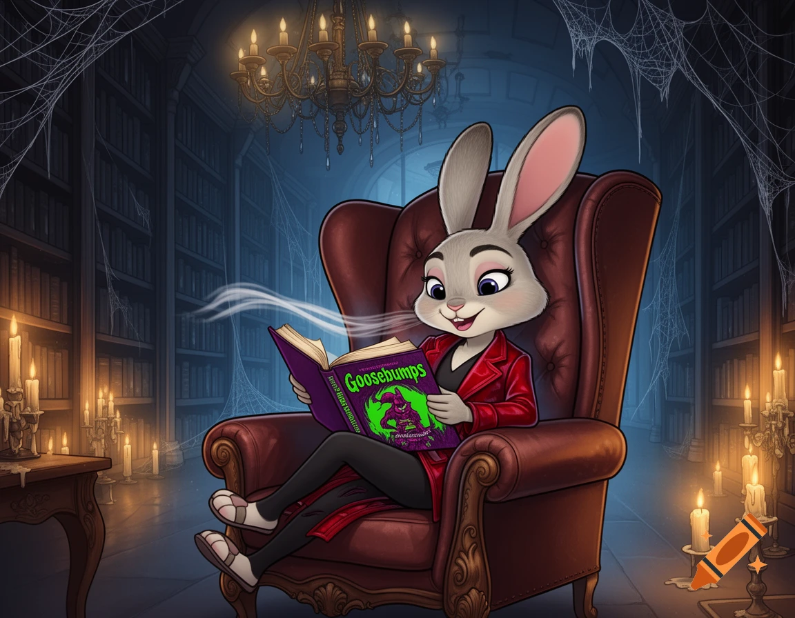 Cartoon Judy Hopps reads a Goosebumps book in a spooky, candlelit library filled with spiderwebs, in a stylized animated art style.