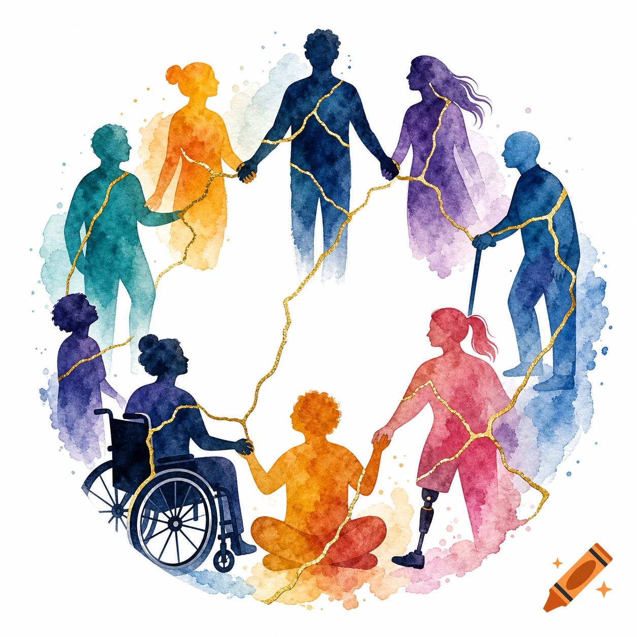 Diverse watercolor silhouettes forming a circle, holding hands, connected by kintsugi gold lines, symbolizing unity and inclusion.