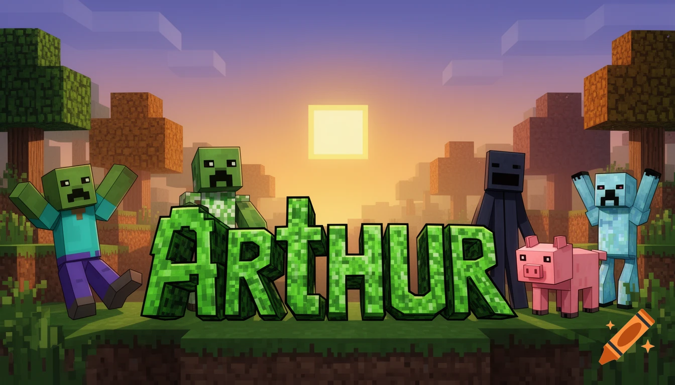 Minecraft-style image with 'ARTHUR' in blocky green text, flanked by a zombie, creeper, enderman, pig, and another creature in a sunset landscape.