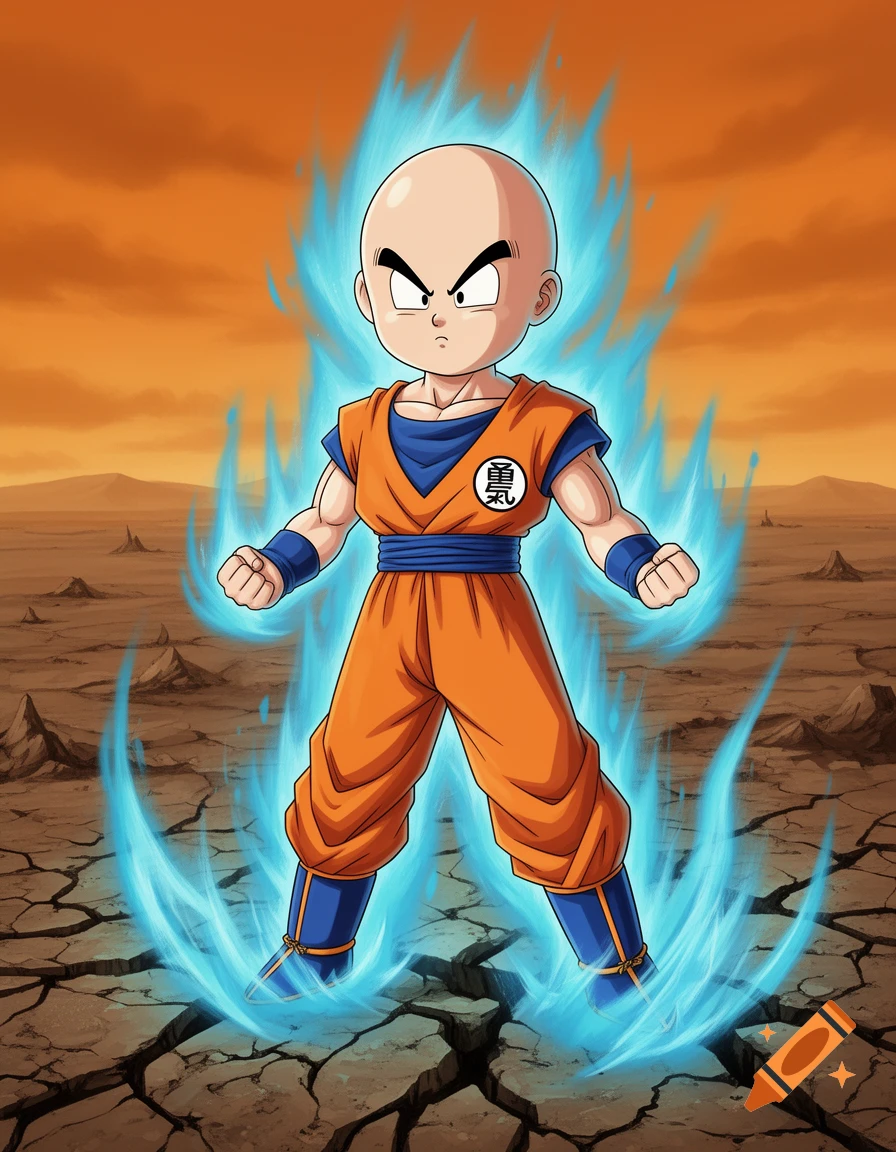Bald cartoon character resembling Krillin from Dragon Ball Z powers up with a blue aura on cracked desert ground, anime style.