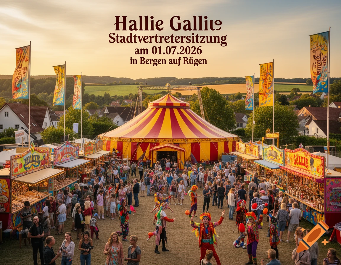 A photorealistic image of a vibrant outdoor festival or circus with a large striped tent, numerous market stalls, and a crowd of people. Performers in colorful costumes are scattered among the attendees. Text at the top announces "Hallie Gallie Stadtvertretersitzung am 01.07.2026 in Bergen auf Rügen".