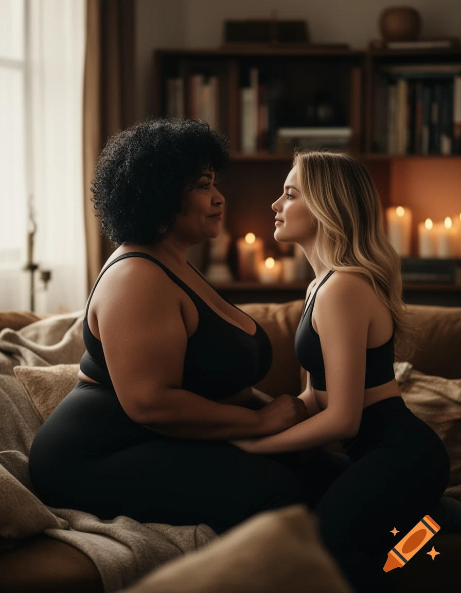 Two women, one with dark curly hair, one blonde, hold hands and gaze at each other in a cozy, candlelit room. Photorealistic.